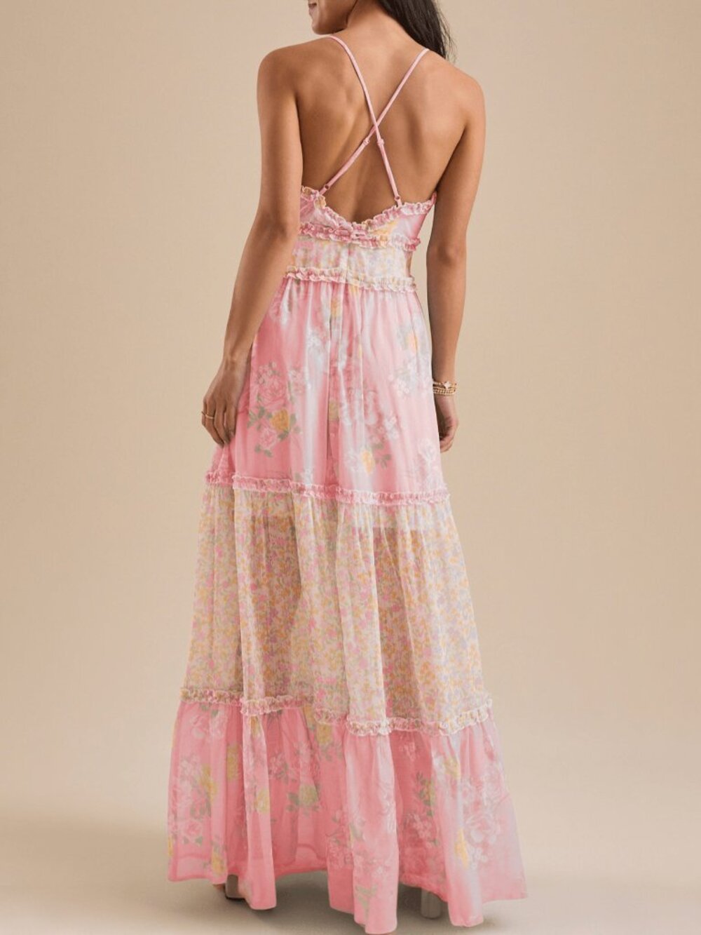 Pink Boho Women's Floral Print Cami V Neck Flowy A-Line Party Dress - Picture 2 of 3